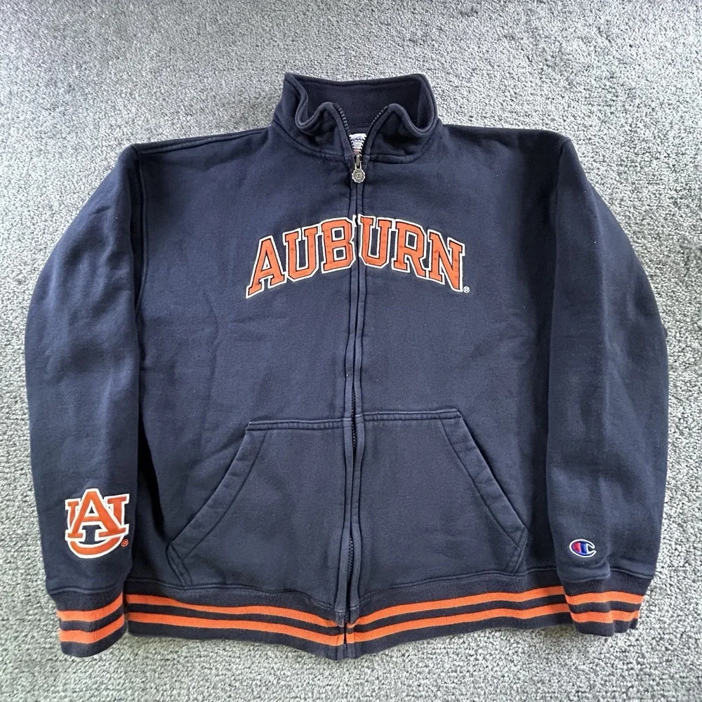 Champion Auburn Tigers Full Zip Varisity Jacket Navy Orange Mens Large Thick